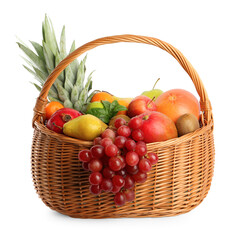 Wicker basket with different fresh fruits isolated on white