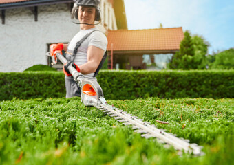 Competent caucasian gardener wearing uniform, safety mask and gloves cutting overgrown bushes with...