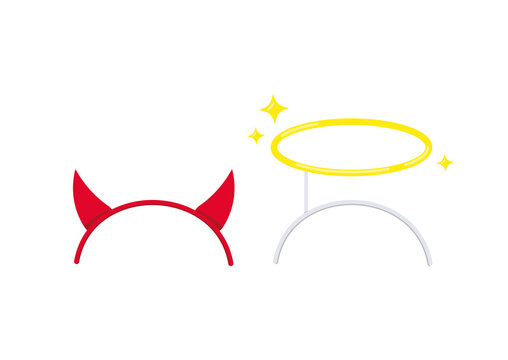 Devil horns and angel gold halo on headband set isolated on white background. Angelic golden nimbus photo props and red horned demon hair band. Flat design cartoon vector illustration.