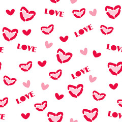 Love inscription  with hand drawn hearts.Vector  seamless pattern background. Prints wrapping paper. Perfect for World kiss day, Valentine's day. Fashion and beauty illustration.