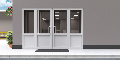 3D rendering of the entrance to the business center through white plastic doors with tinted glass. An empty wall on one side and an open seating and waiting area on the other side of the entrance.
