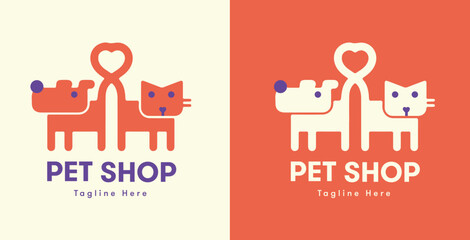 Vector Pet Shop logo design template set. Flat illustration background with dog and cat. Line Of Love Pet Logo Design. Love Pet Logo Template. Modern Design. Flat Logo. Vector Illustration