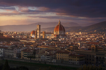 Fototapeta na wymiar Florence or Firenze, Duomo Cathedral landmark. Sunset view from Piazzale Michelangelo. Italy