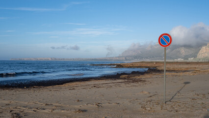 No stopping on the beach sign. San Vito Lo Capo, Sicily, Italy.