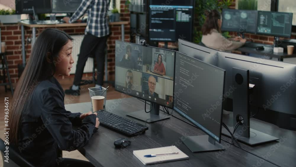 Poster software company employee in video call conference with client team discussing coding project deadli