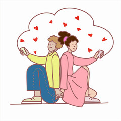 Vector color  illustration of young boy and girl  siting together back to back and communicating on the phone by sending each other emoji - hearts.