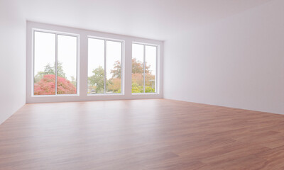 Fototapeta premium Light empty room with summer landscape in window. 3D illustration