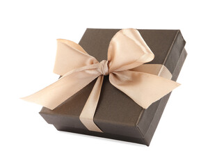 Beautiful gift box with ribbon and bow on white background