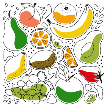 Doodles contour set of illustrations of fruits and berries - apple, peach, pear, avocado, citrus, orange, strawberry, banana, grape, kiwi, lemon, tangerine