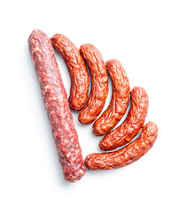 Smoked pork sausages on white background.
