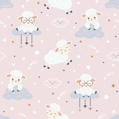 Kawaii cute sheeps seamless pattern design for scrapbooking, decoration, cards, party, paper goods, background, wallpaper, wrapping, fabric and all your creative projects