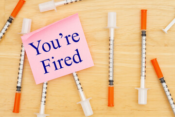 Youre Fired message with vaccine needle on desk with a sticky note - obrazy, fototapety, plakaty
