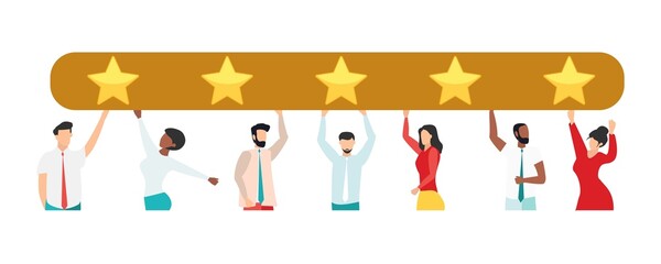 Customer feedback, testimonial, online survey concept. Group of people rating customer experience, writing review, leaving feedback. Client, user satisfaction. Isolated flat vector illustration