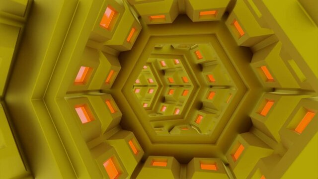 A light tunnel . Design. A yellow path with small orange squares around it moving inward in abstraction.
