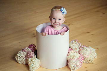 A pretty little girl in a gift box among flowers. The concept of childhood and motherhood