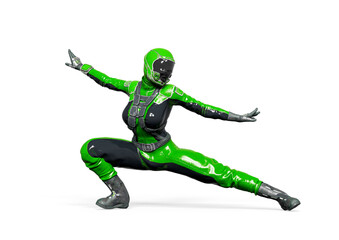 cosmonaut girl is doing a kung fu fighter pose on white background