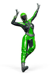 cosmonaut girl is happy and dancing on white background