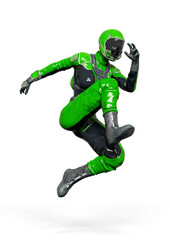 cosmonaut girl is jumping in action on white background