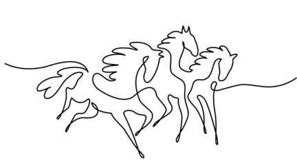 Galloping horses. Continuous one line drawing. Horse logo.