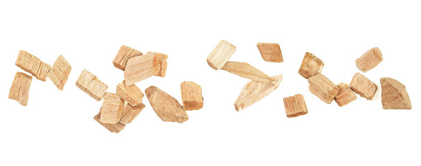 Wood chips isolated on a white background, top view. Wood smoking chips.
