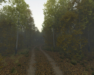 Dirt road with tire tracks and fallen leaves in an autumn forest on a misty morning. 3D render.