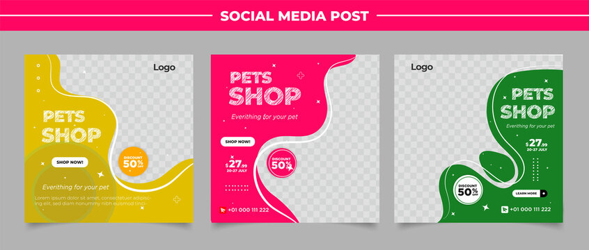 Pet shop social media post template design with photo collage.	