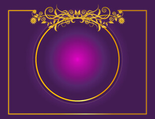 Wedding invitation card vector with golden ornament frame and tree branches on solid and light purple pink color background