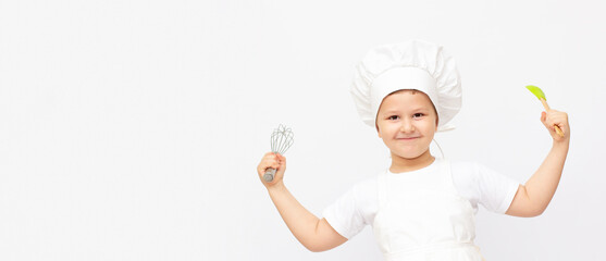 Happy little chef with a whisk, on white background banner copy space