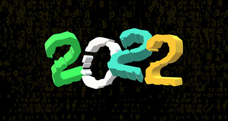 Two thousand twenty two. A period equivalent to 1 year. 3D ILLUSTRATION with the date from 2022, random numbers on a dark background. A time. Blocks of text in funny contrast for events and statistics