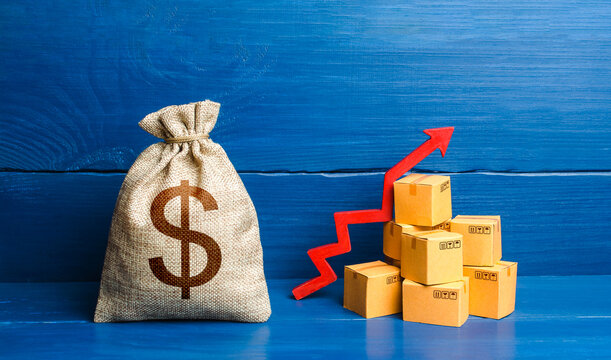 Dollar money bag with boxes and up arrow. Income increase, acceleration and growing of economy. Good consumer sentiment and demand for goods. High sales. Production rise. Growing transportation prices
