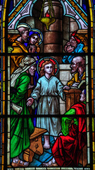 Child Jesus in the Temple with the doctors of the Law, stain glass window