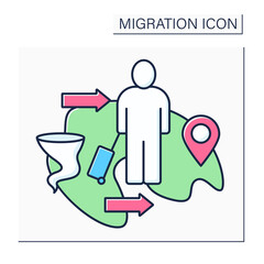 Climate migration color icon. Moving within country or crossing border. Movement due deterioration of environment, natural disasters. Migration concept. Isolated vector illustration