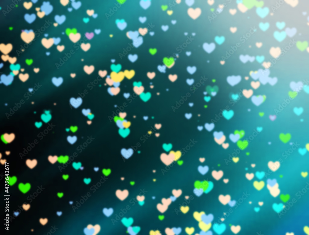 Poster gradient background with multi-colored hearts. blurry background. 3d rendering