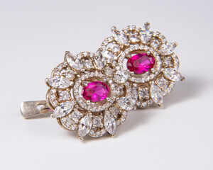 Diamond earrings with pink stone luxury jewerly macro close up