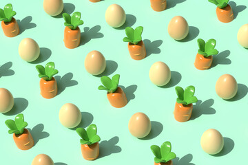 Easter eggs and carrots pattern background. 3D illustration.