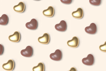 Chocolate hearts background pattern. 3D illustration.