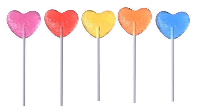 Set of assorted heart shape lollipops isolated on a white background. 3D illustration.