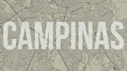 Campinas map city poster, horizontal background vector map with opacity title. Municipality area street map. Widescreen skyline panorama.