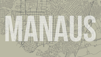 Manaus map city poster, horizontal background vector map with opacity title. Municipality area street map. Widescreen skyline panorama.