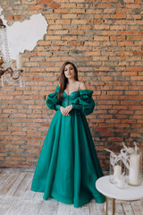 Naklejka premium A beautiful girl in a green dress smile shows a brick wall dress