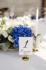 elegant wedding table setting with flowers and table number