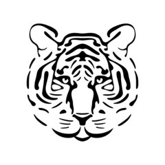 Black tiger head logo. Vintage emblem of predatory huge pensive cat. Symbol of dangerous power and bestial power in deluxe vector engraving.