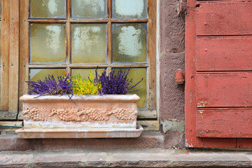 ventana antigua con macetas con plantas en saint-jean-pied-de-port donibane garazi calle pueblo...