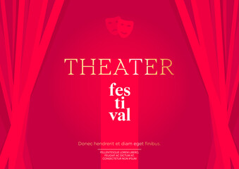 Horizontal theater festival background with red curtains, graphic elements and place for text. Vector illustration.