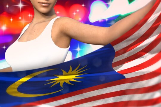young woman holds Malaysia flag in front on the party lights - flag concept 3d illustration