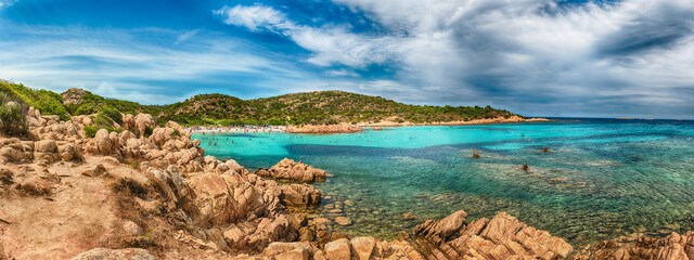 Panoramic view of Spiaggia del Principe, Sardinia, Italy