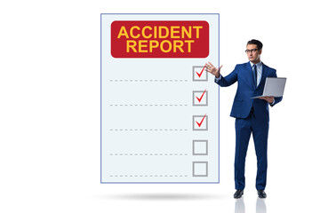 Filling in accident report in insurance concept