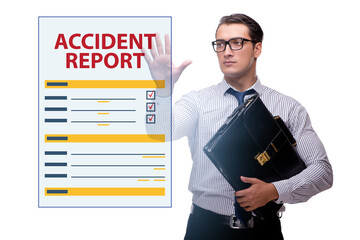 Businessman pressing buttons on virtual accident report