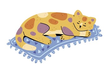 Cute cartoon cat sleeping on the blue color rug. Adorable domestic pet isolated on the white background. Colorful vector illustration in trendy, modern hand drawn flat design.
