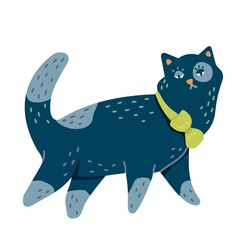Funny proud black cat with green bow isolated on the white background. Cute cartoon domestic pet walking with significant sight. Vector illustration in modern, contemporary doodle flat design.
